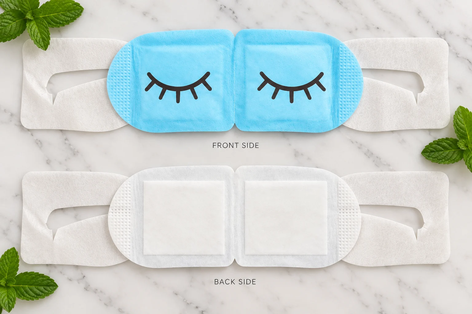 The blue Off Hours Cooling Mask, front and back, on marble with mint