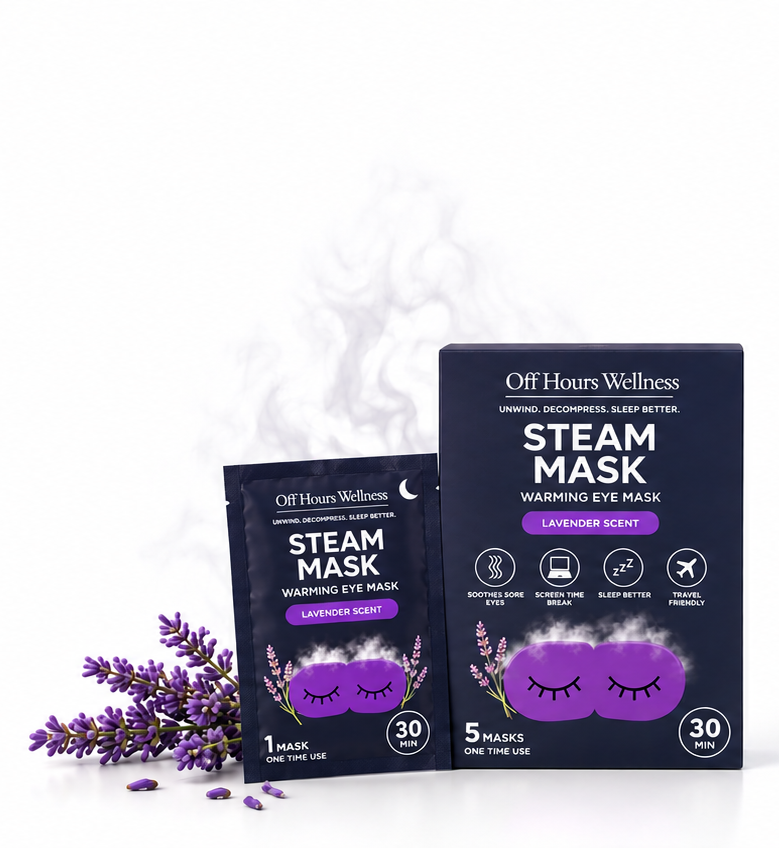 Off Hours Steam Mask box of 5 and a single sachet with fresh lavender