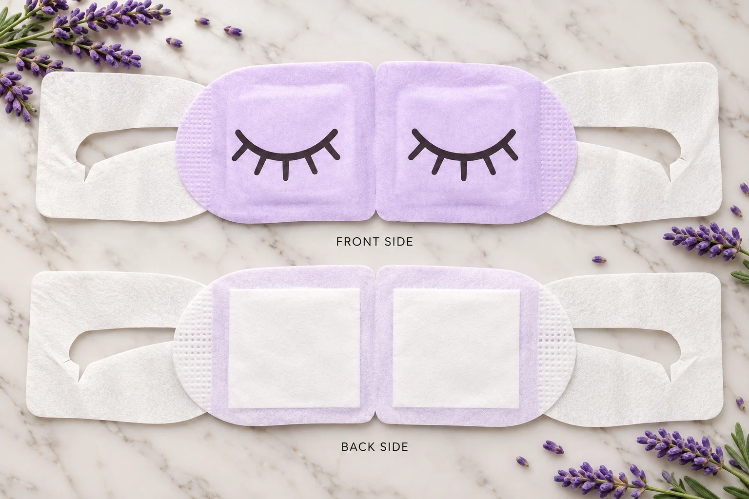 The lavender Off Hours Steam Mask, front and back, with both white ear tabs visible on marble with lavender