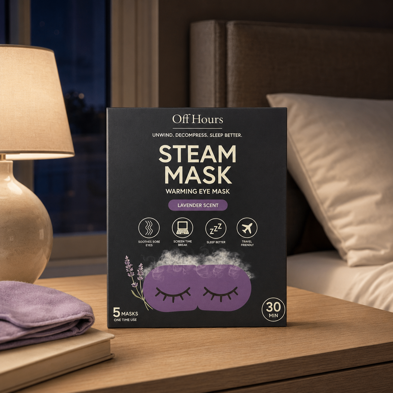 The Off Hours Steam Mask carton on a bedside table