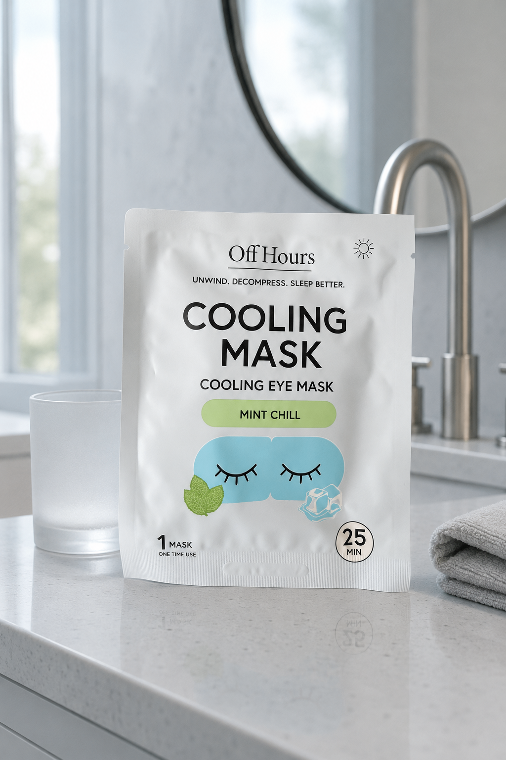 A sealed Off Hours Cooling Mask sachet