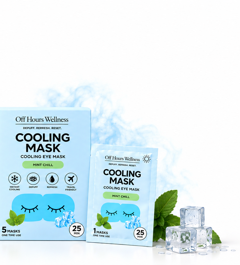 Off Hours Cooling Mask box of 5 and a single sachet with fresh mint and ice