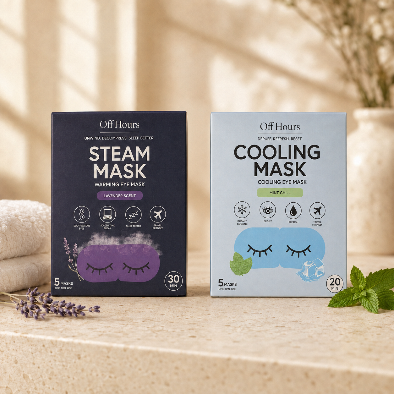 Off Hours Steam and Cooling Mask cartons on folded undyed linen
