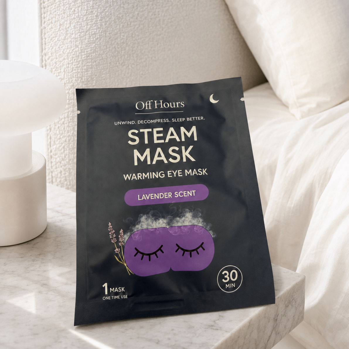A sealed Off Hours Steam Mask sachet