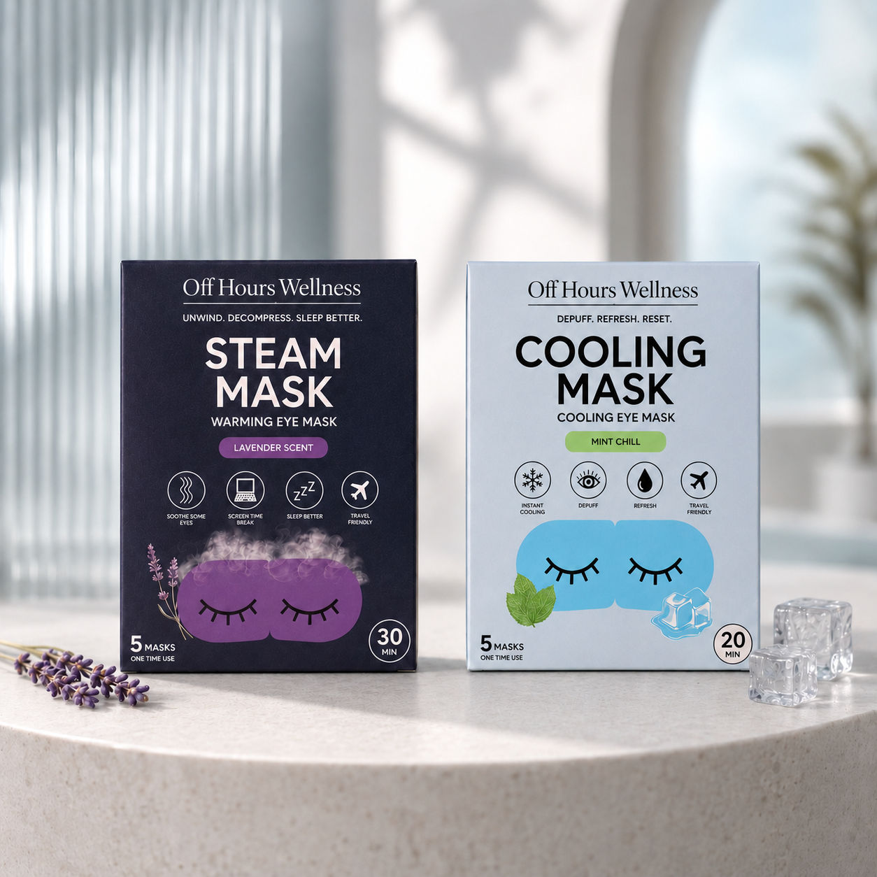 Off Hours Steam Mask and Cooling Mask cartons on a stone ledge in soft daylight